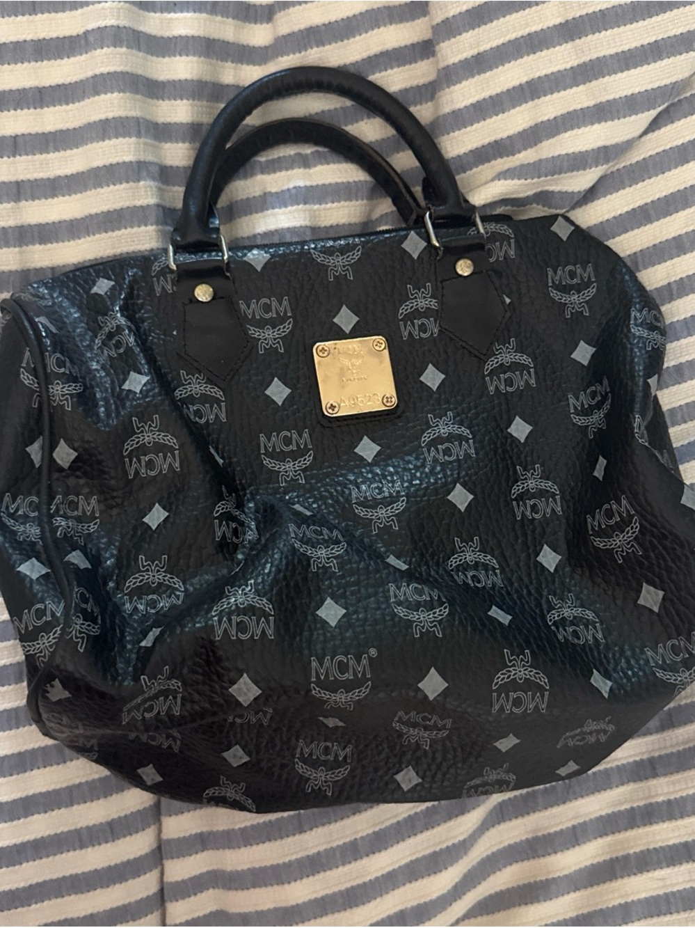 MCM Black Visetos Logo Dome Satchel with Gold Plaque